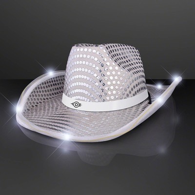 Silver Sequin Cowboy Hat with White Band - PRINTED